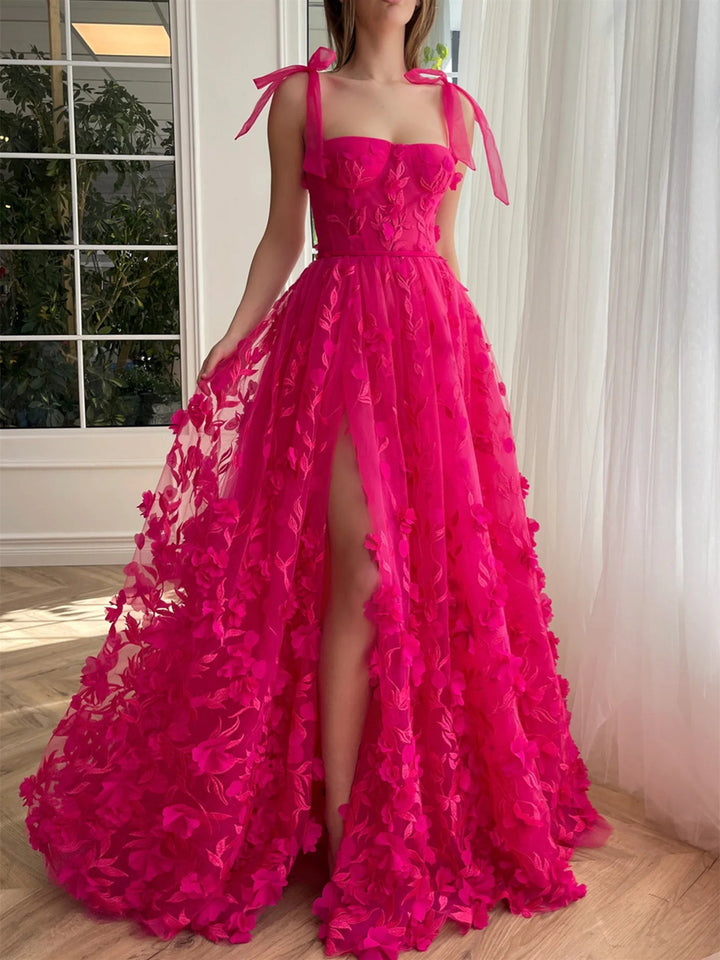 A-Line/Princess Spaghetti Straps Long Prom Dresses With Split Side