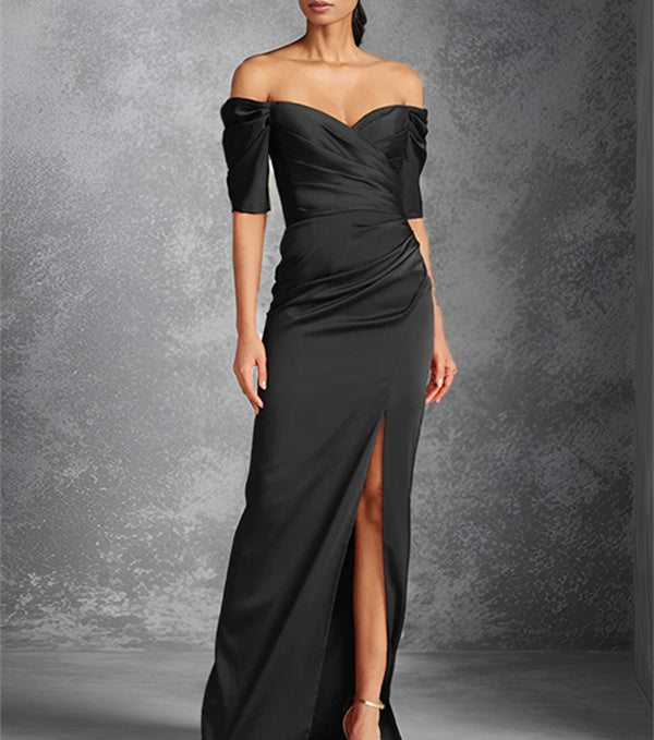 Sheath/Column Off-the-Shoulder Short Sleeves Floor-Length Mother of the Bride Dresses With Split Front