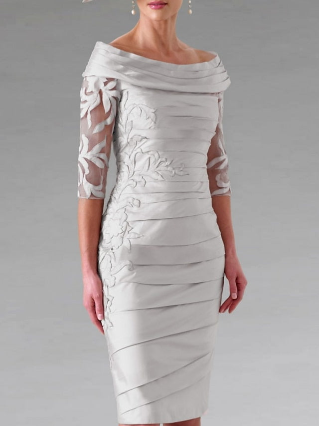 Sheath/Column Scoop Half Sleeves Knee-Length Mother of the Bride Dresses with Appliques Ruching