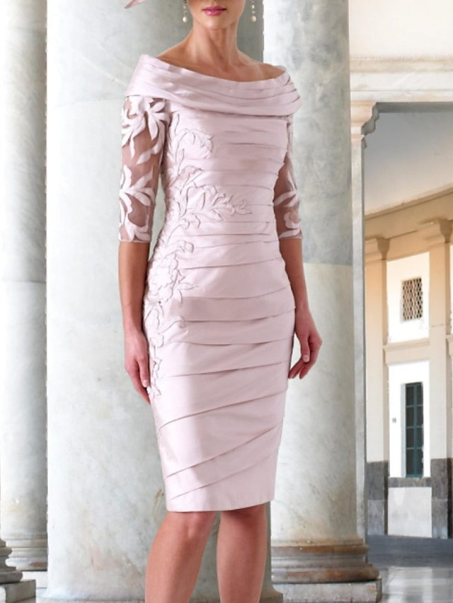 Sheath/Column Scoop Half Sleeves Knee-Length Mother of the Bride Dresses with Appliques Ruching