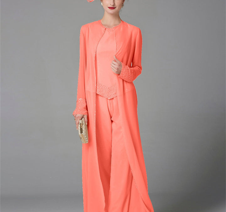 Chiffon Long Sleeves Mother of the Bride Pantsuits with Jacket & Sequins