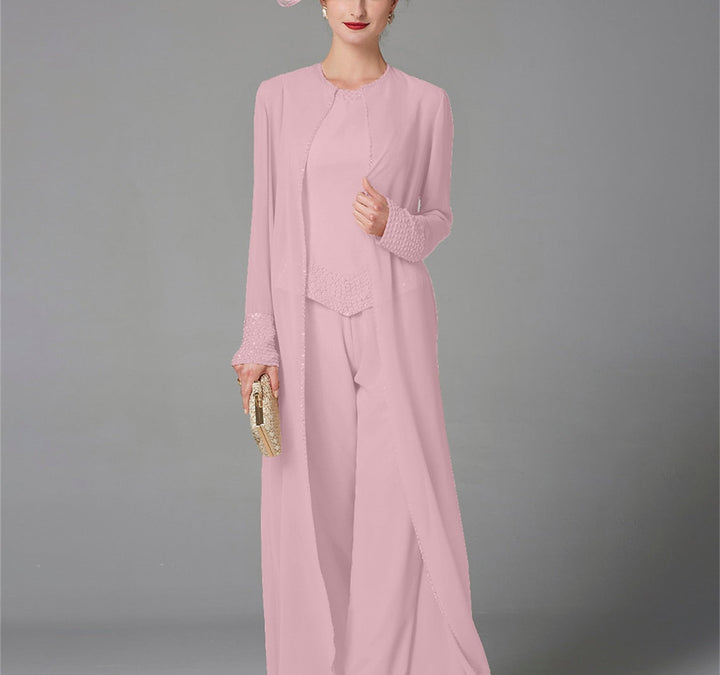 Chiffon Long Sleeves Mother of the Bride Pantsuits with Jacket & Sequins