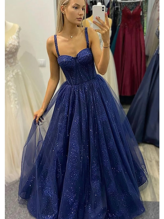 A-Line/Princess Spaghetti Straps Floor-length Long Prom Dresses