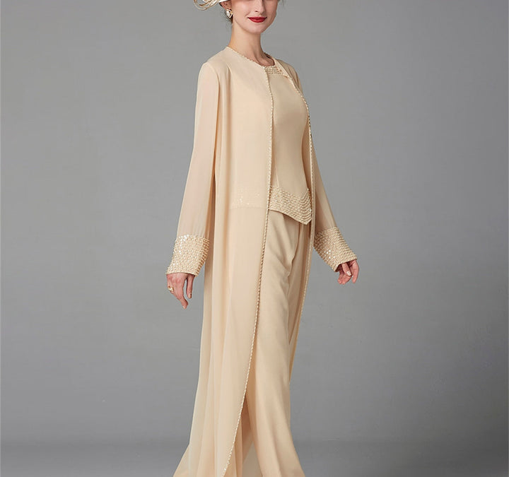 Chiffon Long Sleeves Mother of the Bride Pantsuits with Jacket & Sequins