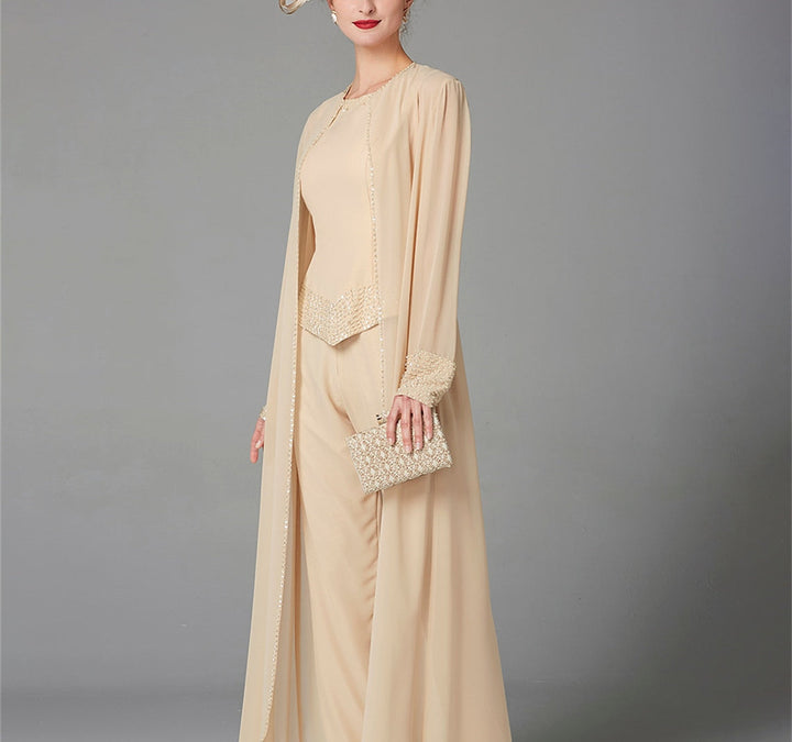 Chiffon Long Sleeves Mother of the Bride Pantsuits with Jacket & Sequins