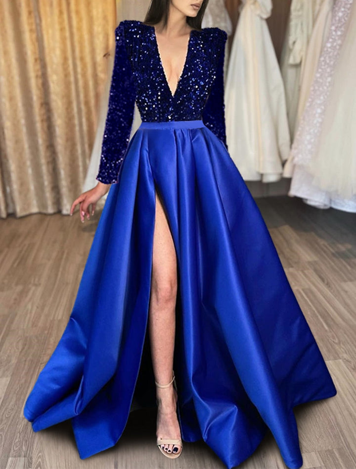 A-Line/Princess V-Neck Long Prom Dresses With Split Side & Sequins