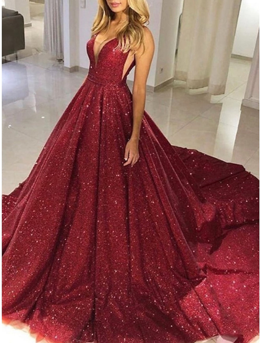 A-Line/Princess V-Neck Sleeveless Long Prom Dresses With Sequins