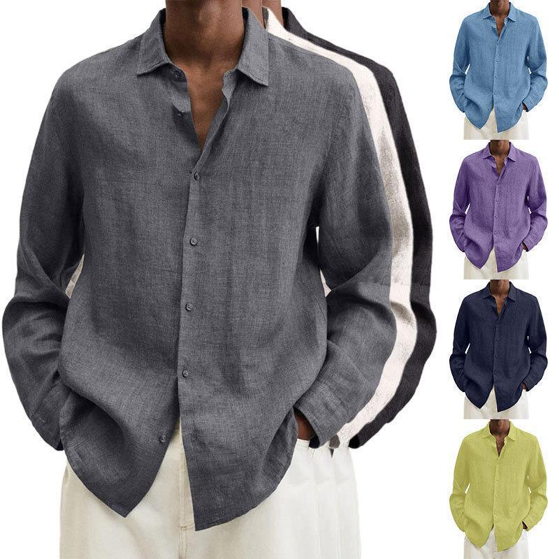 Men's Casual Cotton Linen Long Sleeves Solid Colour Shirt