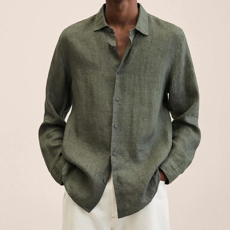 Men's Casual Cotton Linen Long Sleeves Solid Colour Shirt